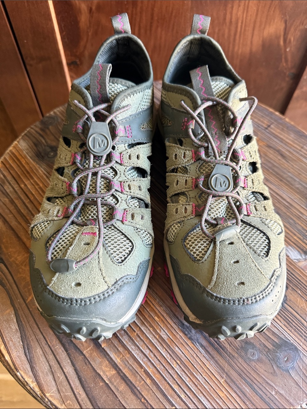 Merrell Olive Green Trail Sneakers with Pink Accents